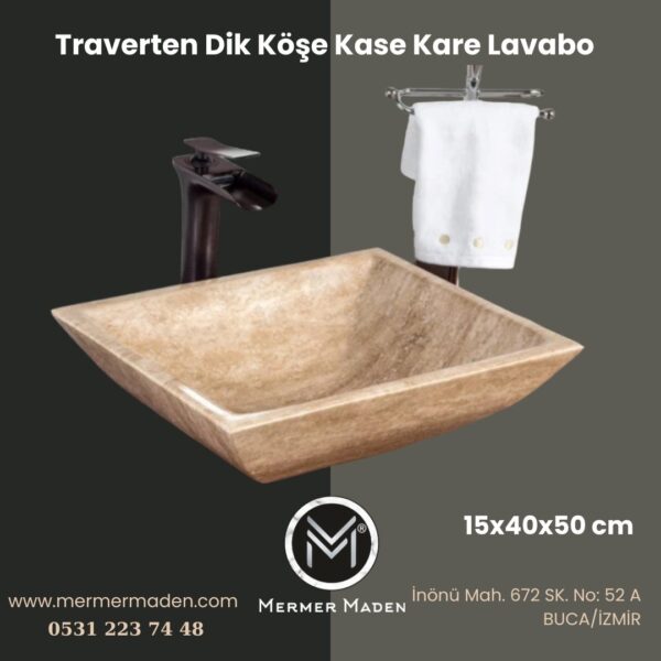 Traverten Dik Köşe Kase Kare Lavabo | Modern ve Şık Doğal Taş Lavabo