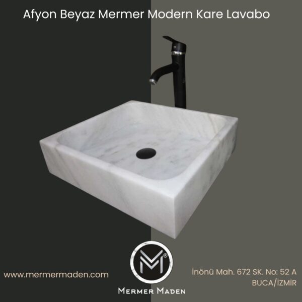 Afyon Beyaz Mermer Modern Kare Lavabo | Modern ve Şık Doğal Taş Lavabo