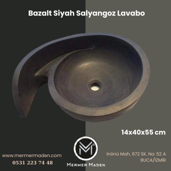 Bazalt Siyah Salyangoz Lavabo | Modern ve Şık Doğal Taş Lavabo