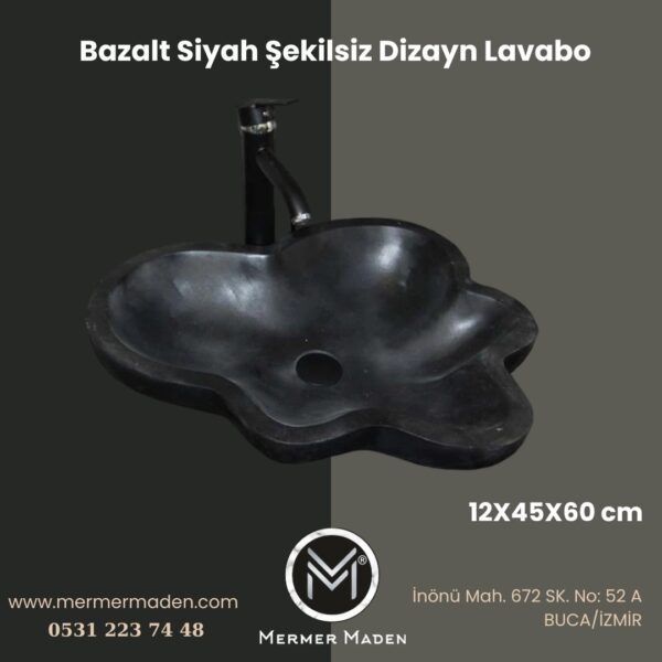 Bazalt Siyah Şekilsiz Dizayn Lavabo | Modern ve Şık Doğal Taş Lavabo