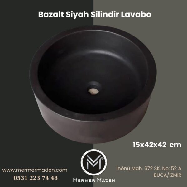 Bazalt Siyah Silindir Lavabo | Modern ve Şık Doğal Taş Lavabo