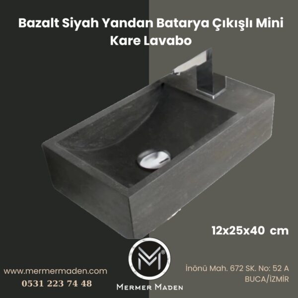 Bazalt Siyah Yandan Batarya Çıkışlı Mini Kare Lavabo | Modern ve Şık Doğal Taş Lavabo