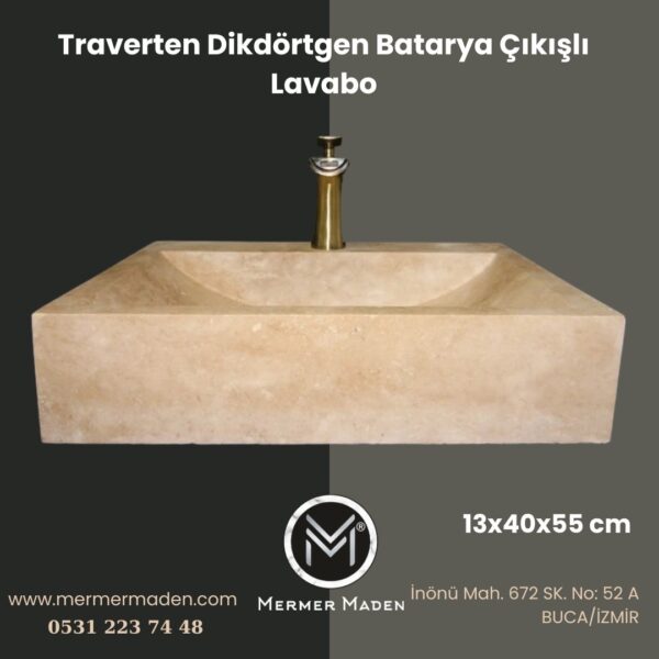 Traverten Dikdörtgen Batarya Çıkışlı Lavabo | Modern ve Şık Doğal Taş Lavabo