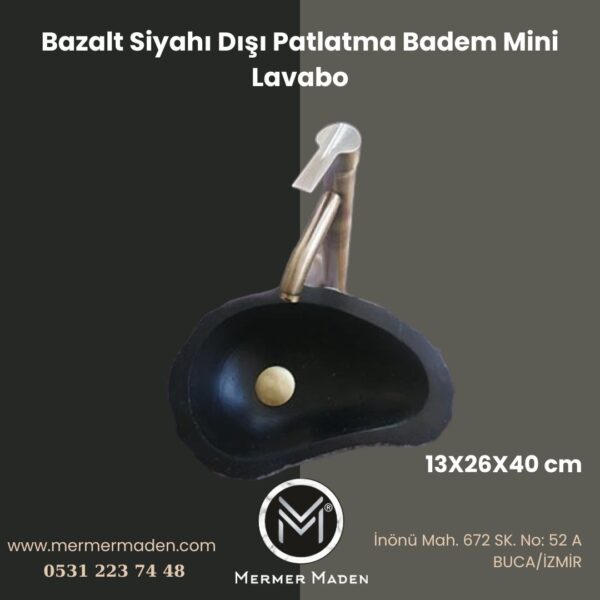 Bazalt Siyahı Dışı Patlatma Badem Mini Lavabo | Modern ve Şık Doğal Taş Lavabo