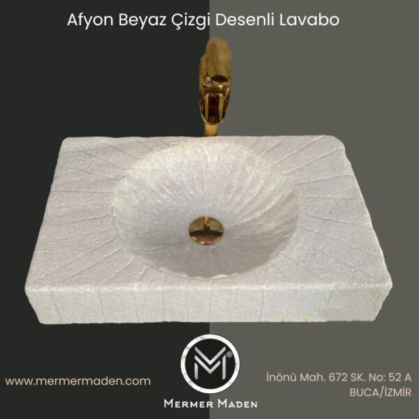Afyon Beyaz Çizgi Desenli Lavabo | Modern ve Şık Doğal Taş Lavabo