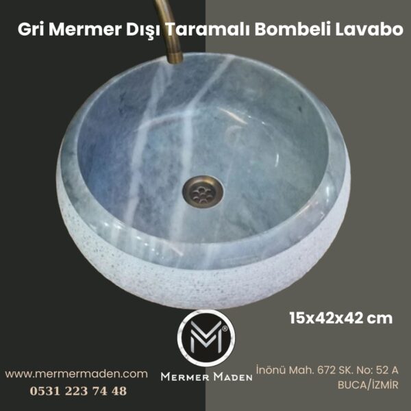 Gri Mermer Dışı Taramalı Bombeli Lavabo | Modern ve Şık Doğal Taş Lavabo