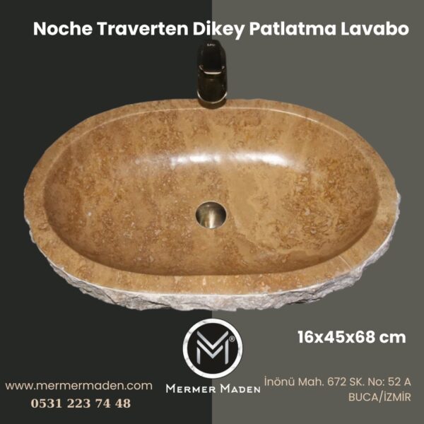 Noche Traverten Dikey Patlatma Lavabo | Modern ve Şık Doğal Taş Lavabo