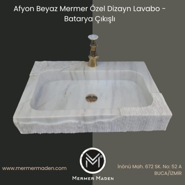 Afyon Beyaz Mermer Özel Dizayn Lavabo - Batarya Çıkışlı | Modern ve Şık Doğal Taş Lavabo