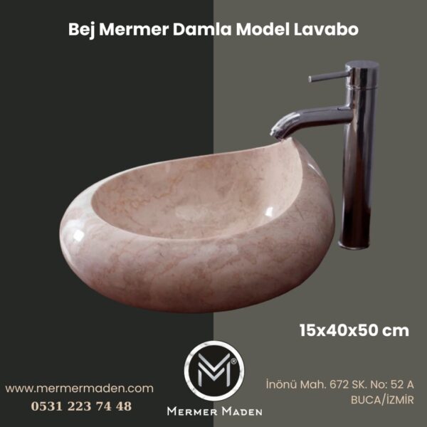 Bej Mermer Damla Model Lavabo | Modern ve Şık Doğal Taş Lavabo