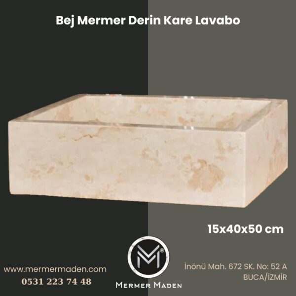 Bej Mermer Derin Kare Lavabo | Modern ve Şık Doğal Taş Lavabo