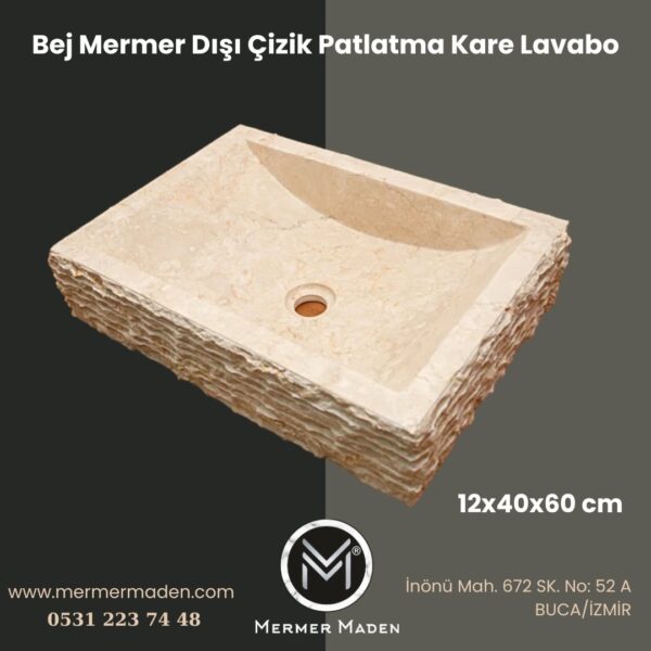 Bej Mermer Dışı Çizik Patlatma Kare Lavabo | Modern ve Şık Doğal Taş Lavabo