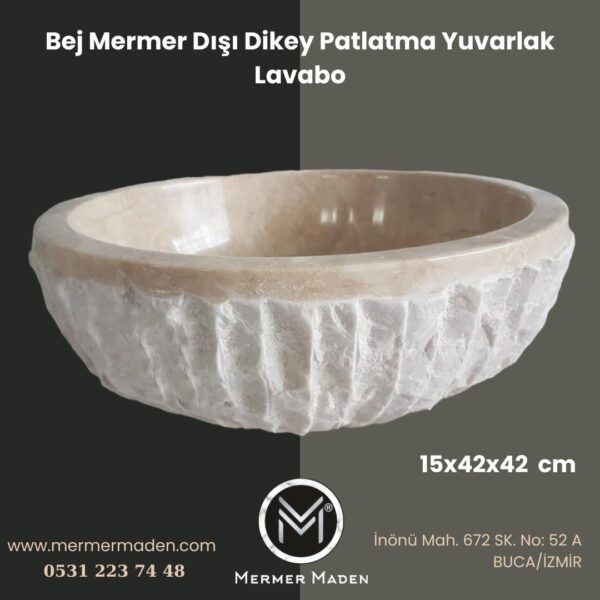 Bej Mermer Dışı Dikey Patlatma Yuvarlak Lavabo | Modern ve Şık Doğal Taş Lavabo