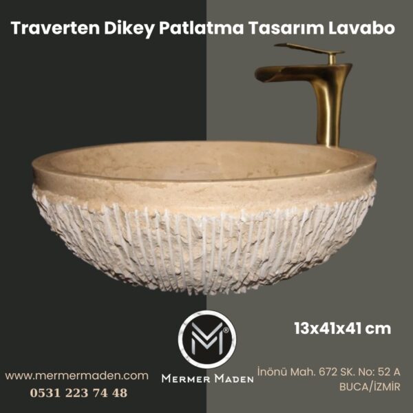 Traverten Dikey Patlatma Tasarım Lavabo | Modern ve Şık Doğal Taş Lavabo
