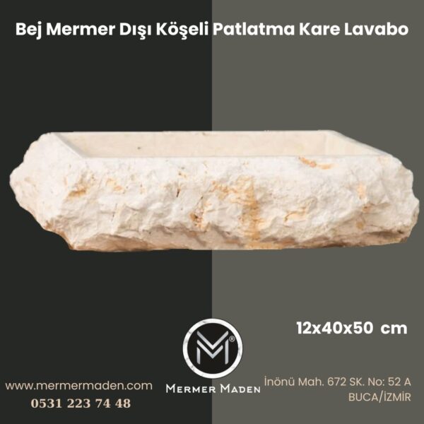 Bej Mermer Dışı Köşeli Patlatma Kare Lavabo | Modern ve Şık Doğal Taş Lavabo