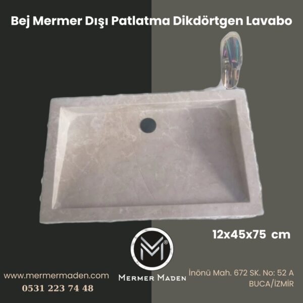 Bej Mermer Dışı Patlatma Dikdörtgen Lavabo | Modern ve Şık Doğal Taş Lavabo