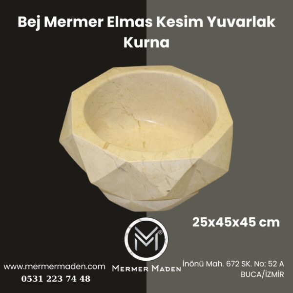 Bej Mermer Elmas Kesim Yuvarlak Kurna | Doğal Taş Hamam Kurnası