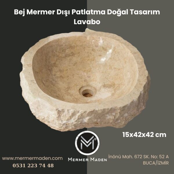 Bej Mermer Dışı Patlatma Doğal Tasarım Lavabo | Modern ve Şık Doğal Taş Lavabo