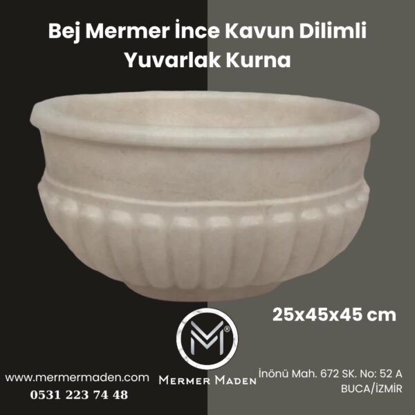 Bej Mermer İnce Kavun Dilimli Yuvarlak Kurna | Doğal Taş Hamam Kurnası