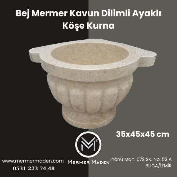 Bej Mermer Kavun Dilimli Ayaklı Köşe Kurna | Doğal Taş Hamam Kurnası