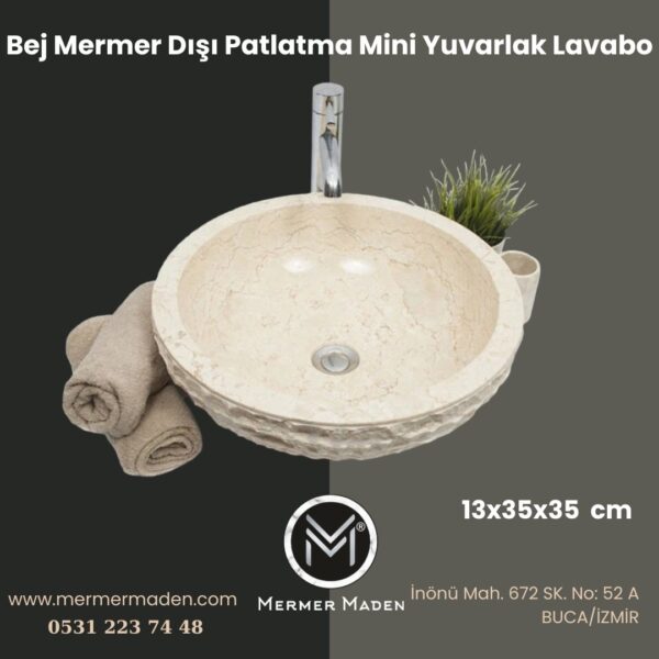 Bej Mermer Dışı Patlatma Mini Yuvarlak Lavabo | Modern ve Şık Doğal Taş Lavabo