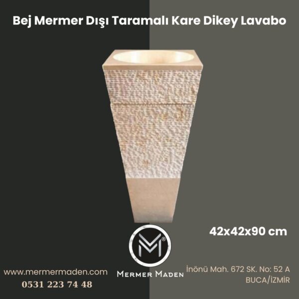 Bej Mermer Dışı Taramalı Kare Dikey Lavabo | Modern ve Şık Doğal Taş Lavabo