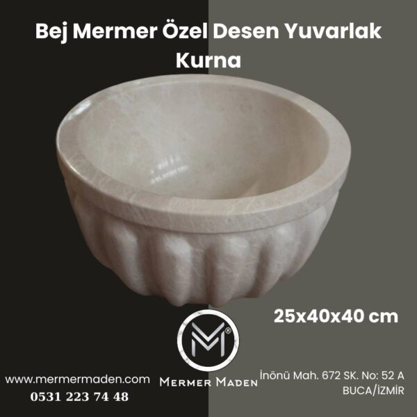 Bej Mermer Özel Desen Yuvarlak Kurna | Doğal Taş Hamam Kurnası