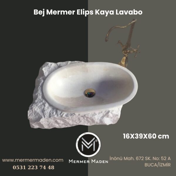 Bej Mermer Elips Kaya Lavabo | Modern ve Şık Doğal Taş Lavabo