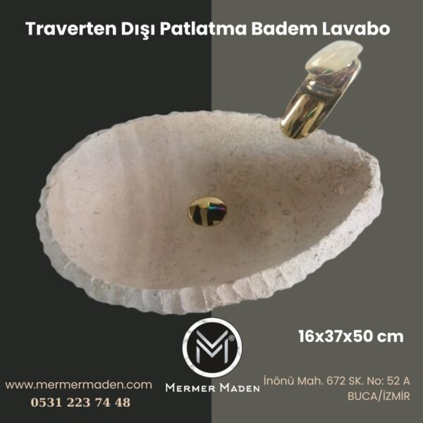 Traverten Dışı Patlatma Badem Lavabo | Modern ve Şık Doğal Taş Lavabo