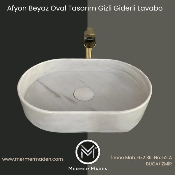 Afyon Beyaz Oval Tasarım Gizli Giderli Lavabo | Modern ve Şık Doğal Taş Lavabo