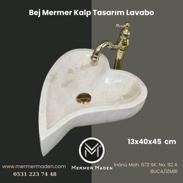 Bej Mermer Kalp Tasarım Lavabo | Modern ve Şık Doğal Taş Lavabo