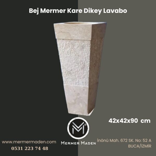 Bej Mermer Kare Dikey Lavabo | Modern ve Şık Doğal Taş Lavabo
