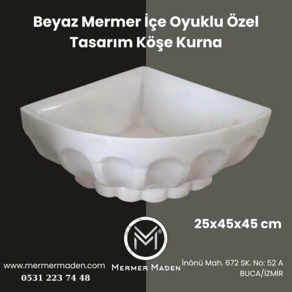 Beyaz Mermer İçe Oyuklu Özel Tasarım Köşe Kurna | Doğal Taş Hamam Kurnası