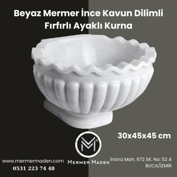 Beyaz Mermer İnce Kavun Dilimli Fırfırlı Ayaklı Kurna | Doğal Taş Hamam Kurnası