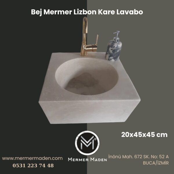 Bej Mermer Lizbon Kare Lavabo | Modern ve Şık Doğal Taş Lavabo