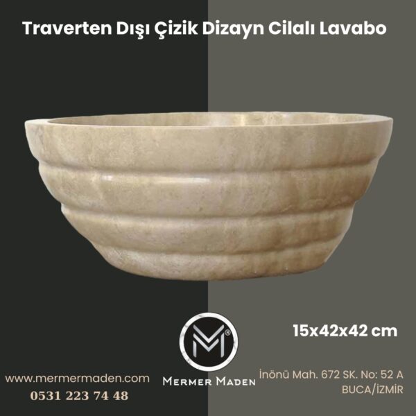 Traverten Dışı Çizik Dizayn Cilalı Lavabo | Modern ve Şık Doğal Taş Lavabo