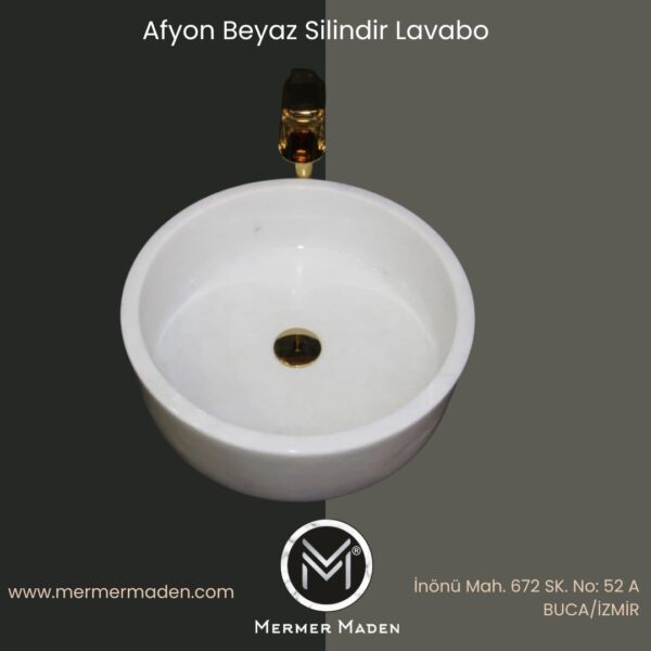 Afyon Beyaz Silindir Lavabo | Modern ve Şık Doğal Taş Lavabo