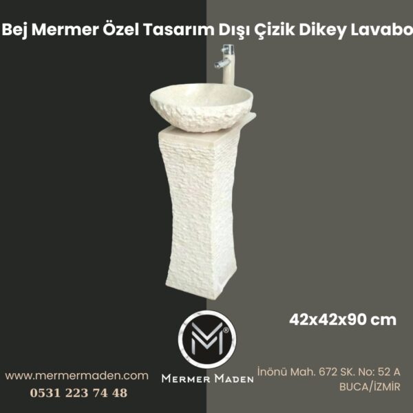 Bej Mermer Özel Tasarım Dışı Çizik Dikey Lavabo | Modern ve Şık Doğal Taş Lavabo