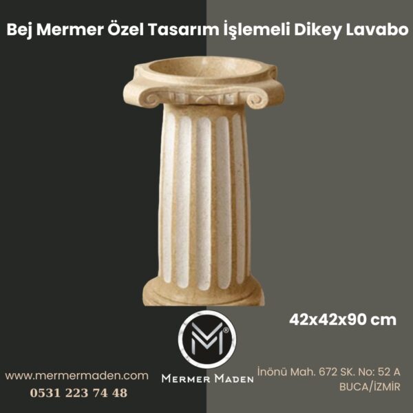 Bej Mermer Özel Tasarım İşlemeli Dikey Lavabo | Modern ve Şık Doğal Taş Lavabo