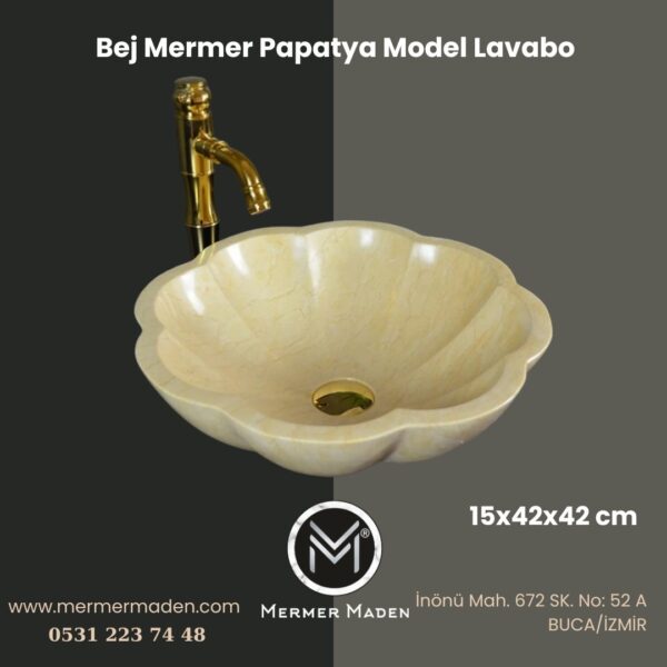 Bej Mermer Papatya Model Lavabo | Modern ve Şık Doğal Taş Lavabo