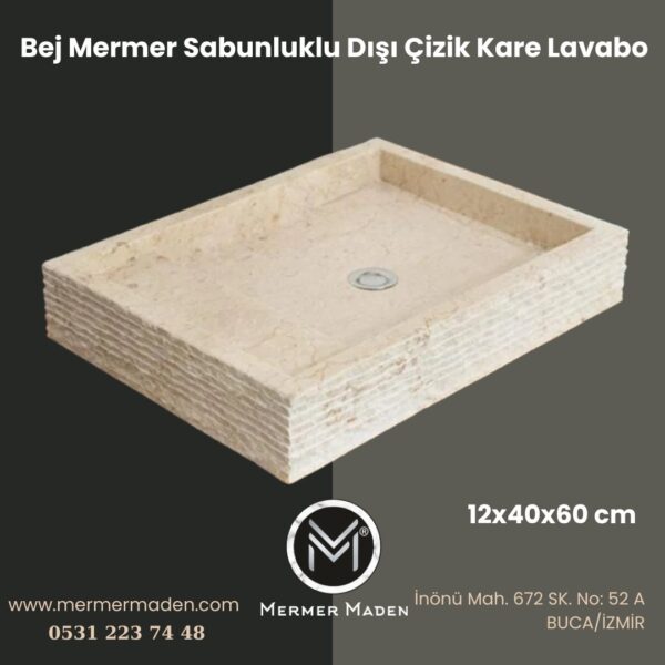 Bej Mermer Sabunluklu Dışı Çizik Kare Lavabo | Modern ve Şık Doğal Taş Lavabo