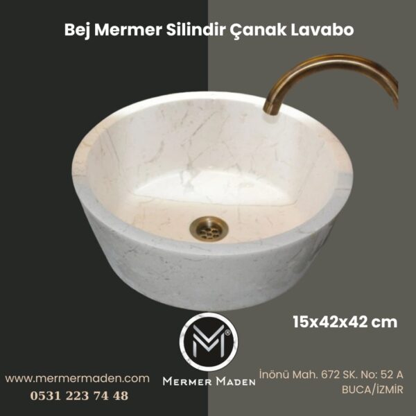 Bej Mermer Silindir Çanak Lavabo | Modern ve Şık Doğal Taş Lavabo