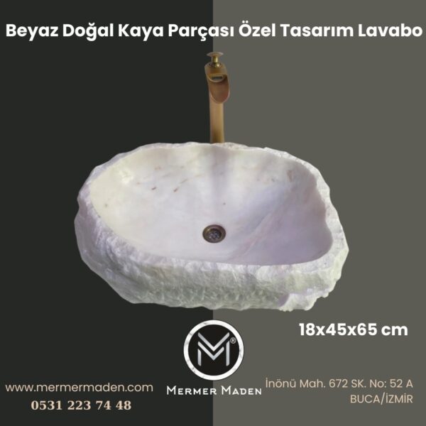 Beyaz Doğal Kaya Parçası Özel Tasarım Lavabo | Modern ve Şık Doğal Taş Lavabo