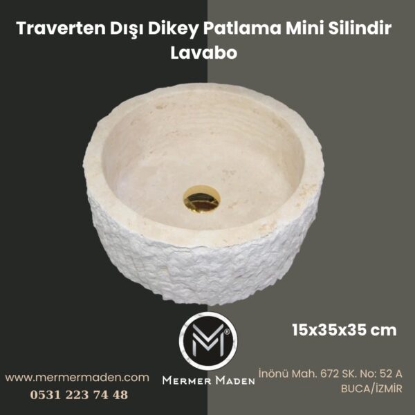 Traverten Dışı Dikey Patlama Mini Silindir Lavabo | Modern ve Şık Doğal Taş Lavabo
