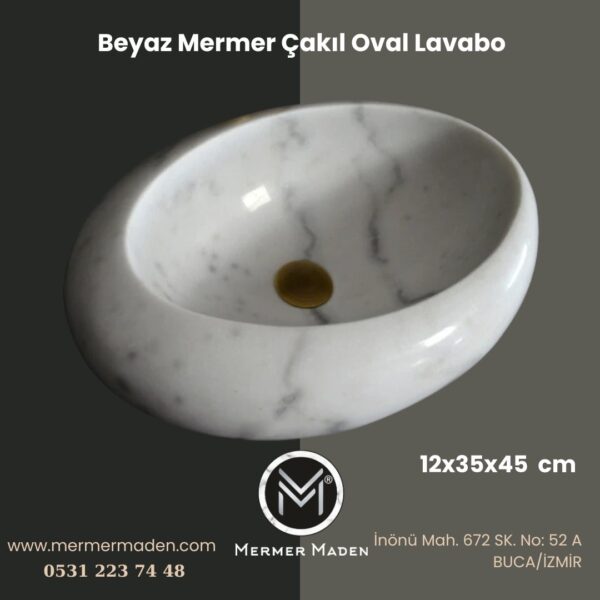Beyaz Mermer Çakıl Oval Lavabo | Modern ve Şık Doğal Taş Lavabo
