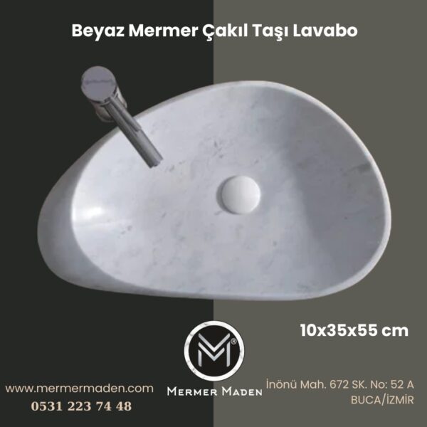 Beyaz Mermer Çakıl Taşı Lavabo | Modern ve Şık Doğal Taş Lavabo
