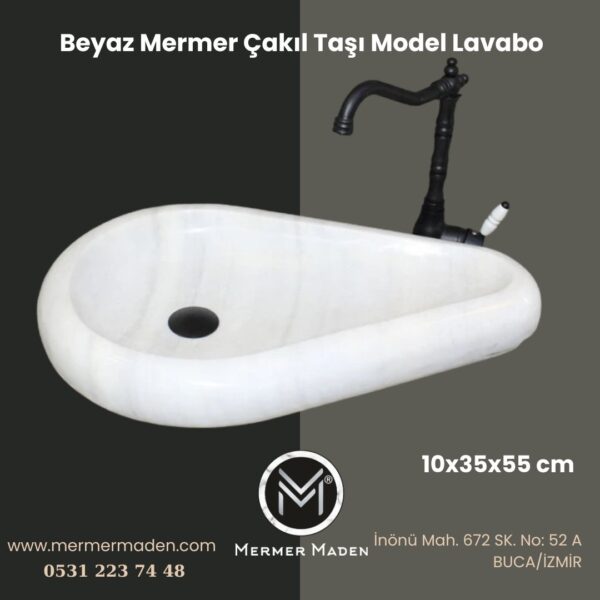 Beyaz Mermer Çakıl Taşı Model Lavabo | Modern ve Şık Doğal Taş Lavabo