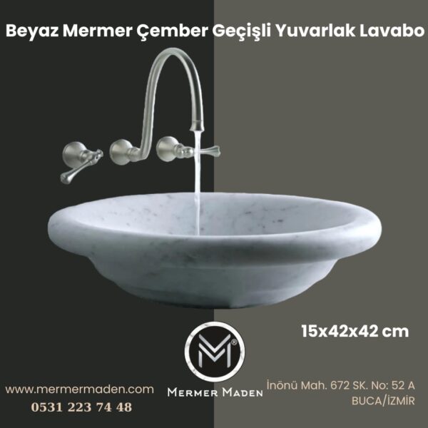 Beyaz Mermer Çember Geçişli Yuvarlak Lavabo | Modern ve Şık Doğal Taş Lavabo