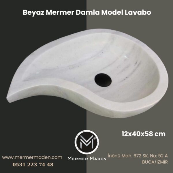 Beyaz Mermer Damla Model Lavabo | Modern ve Şık Doğal Taş Lavabo