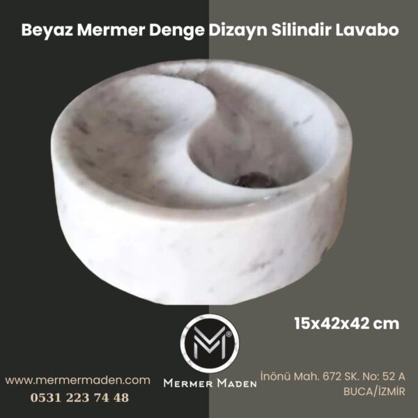 Beyaz Mermer Denge Dizayn Silindir Lavabo | Modern ve Şık Doğal Taş Lavabo