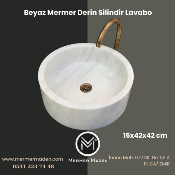 Beyaz Mermer Derin Silindir Lavabo | Modern ve Şık Doğal Taş Lavabo